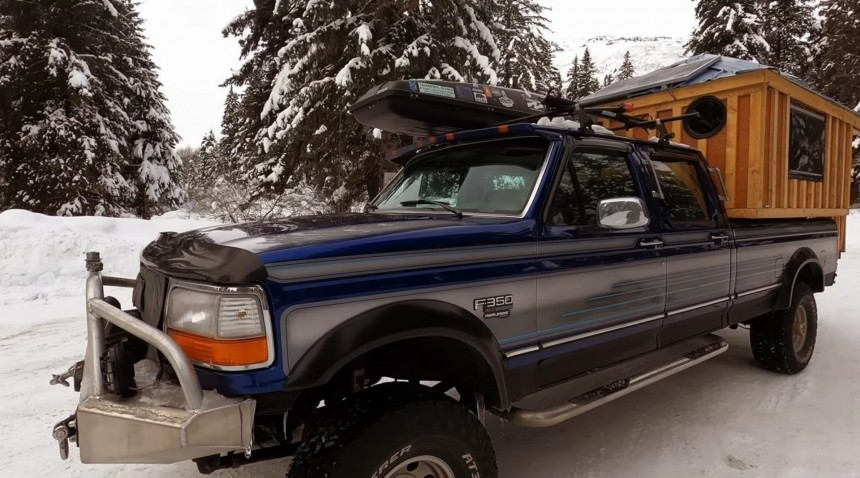 1996 Ford F\-350 Overlander With Wooden Cabin Can Withstand the Ice\-Cold Alaska Weather