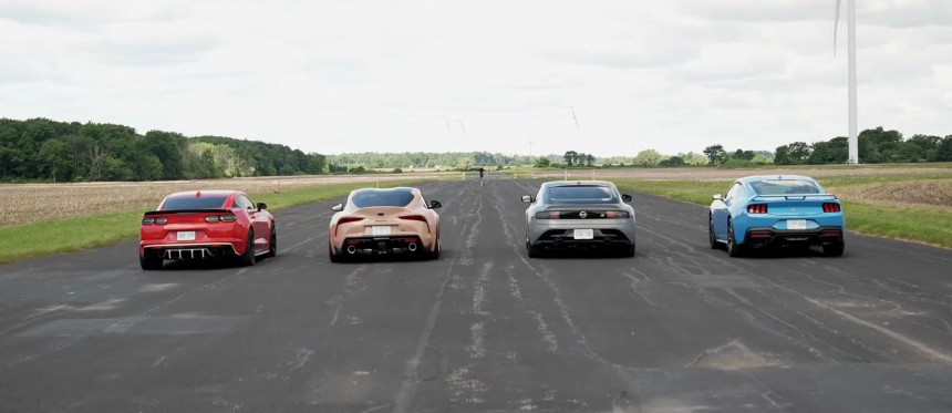2024 Ford Mustang GT Races Nissan Z, Toyota Supra and Chevy Camaro\. Drag and Roll Race\.