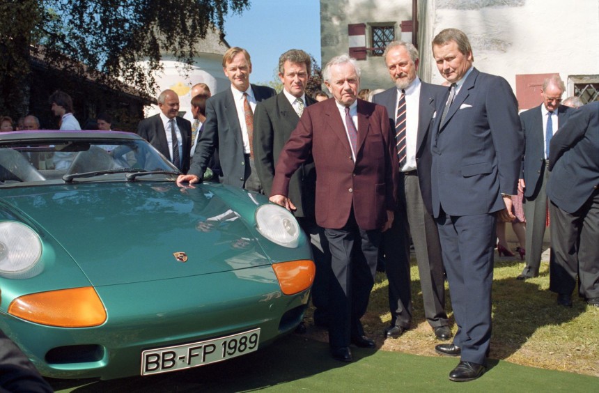 Ferry Porsche \(center\) with his sons on his 80th birthday