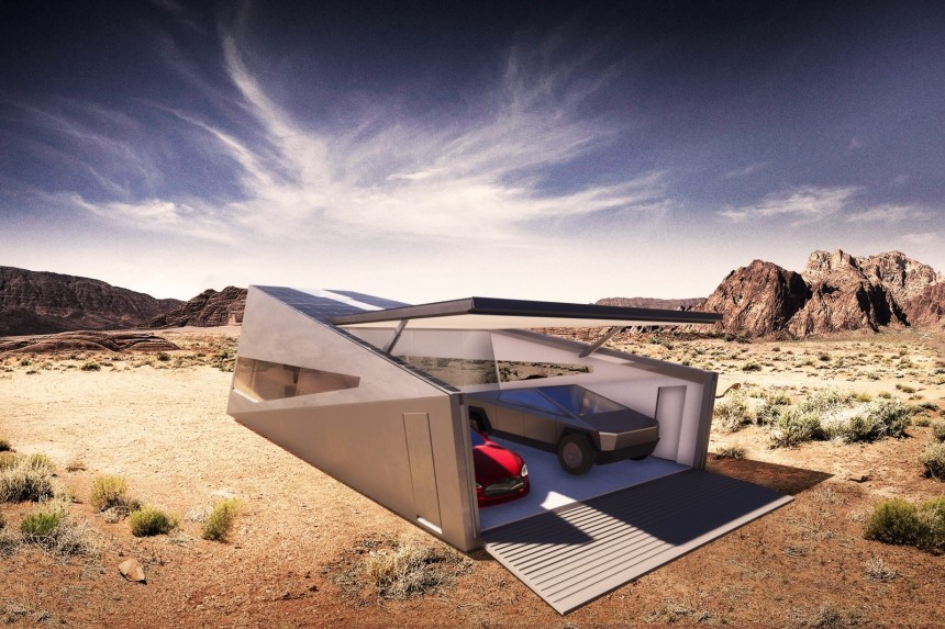 Cybunker rendering\: a garage for your Cybertruck that can serve as off\-grid residence