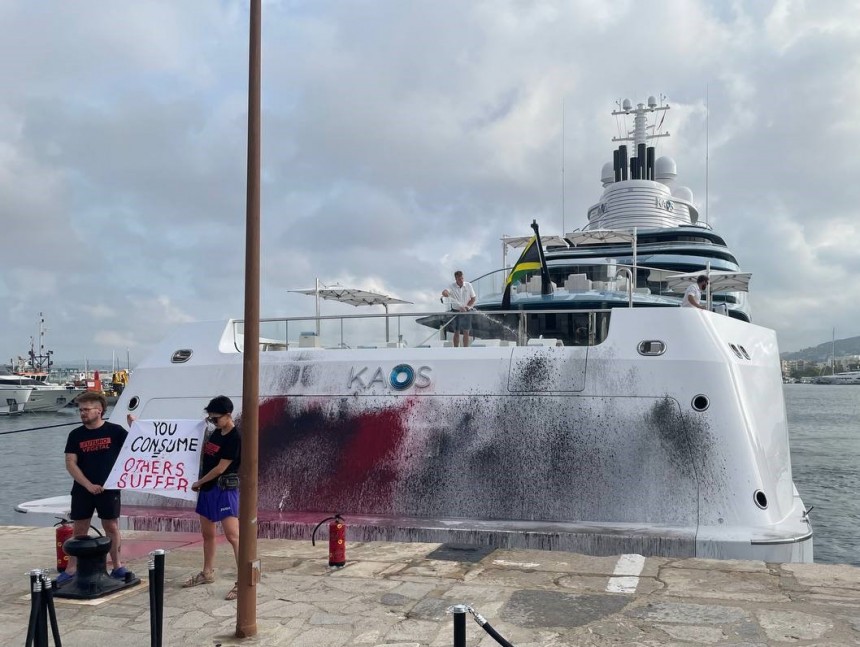 Eco\-activists target the 2017 Oceanco custom superyacht Kaos with spray paint