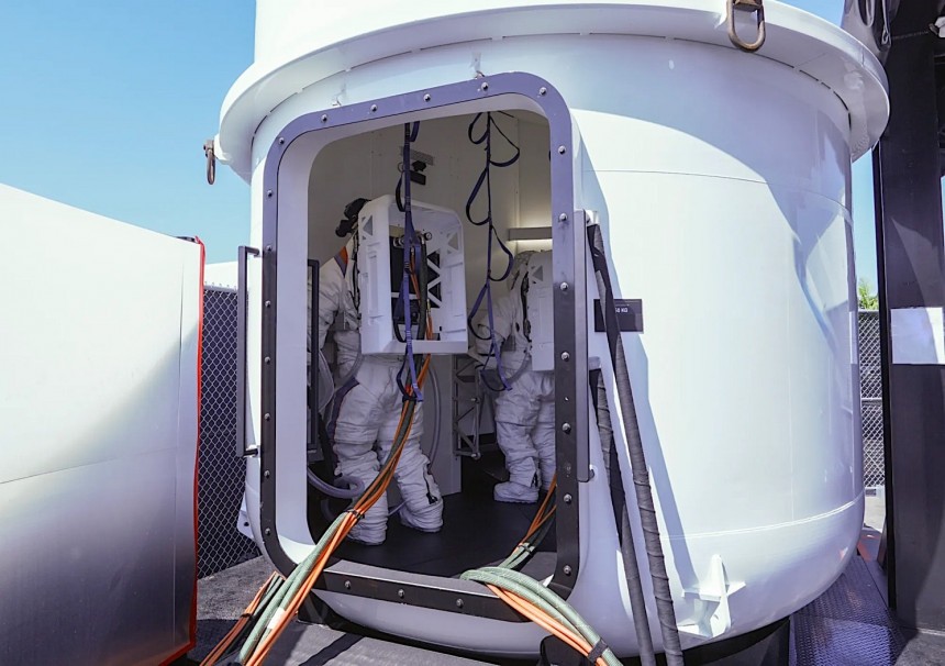 Suited astronauts testing the SpaceX Human Landing System