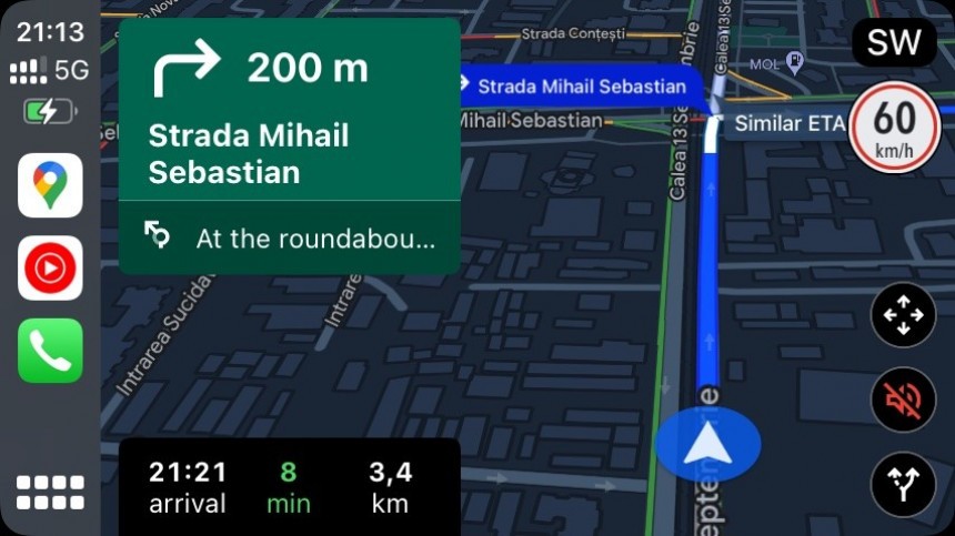The new Google Maps UI in dark mode on CarPlay