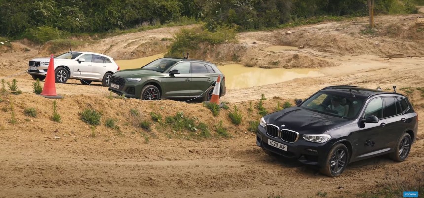 BMW X3 vs Audi Q5 vs Volvo XC60 vs the Muddy Off\-road, Uphill Drag Race Included