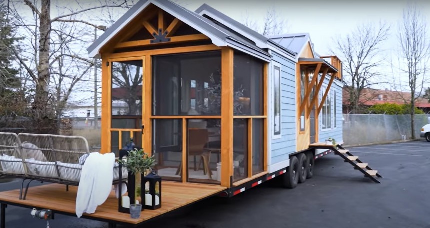 Custom Cascade Mini tiny house with rooftop deck and screened\-in porch