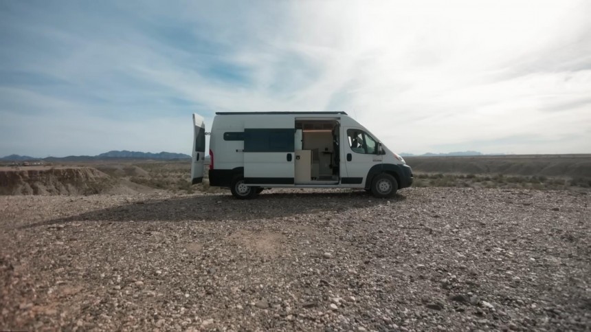 Budget\-Friendly Camper Van Features a Refreshing, Modern Micro Concrete Interior