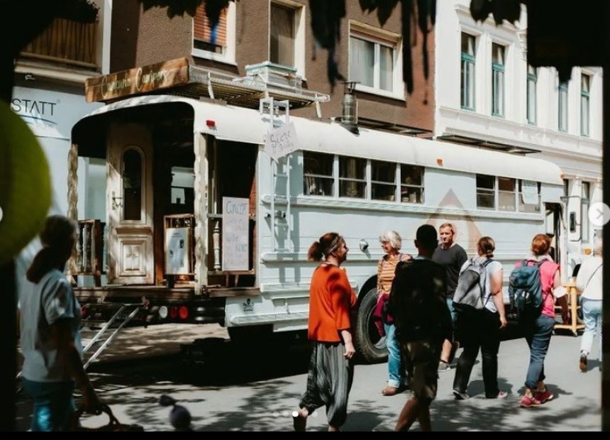 Bluebird International school bus turned into vintage house on wheels