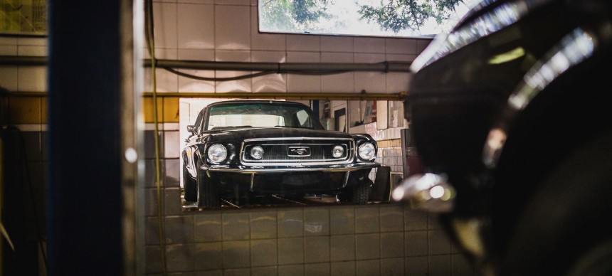 Ford Mustang in a garage
