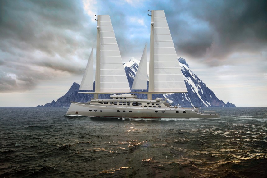 The Caribù 2 superyacht explorer concept has solid sails and tilting masts, incredible amenities