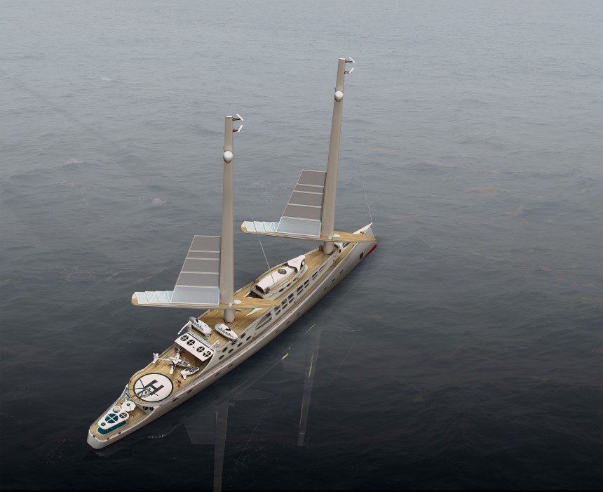 The Caribù 2 superyacht explorer concept has solid sails and tilting masts, incredible amenities
