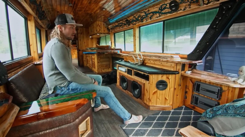 Charter Bus Was Transformed Into a Unique, Wood\-Filled Mobile Home
