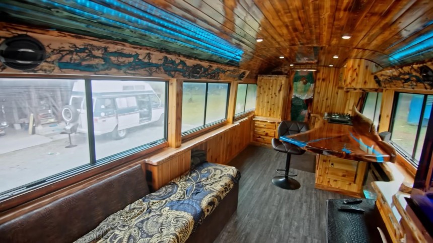 Charter Bus Was Transformed Into a Unique, Wood\-Filled Mobile Home