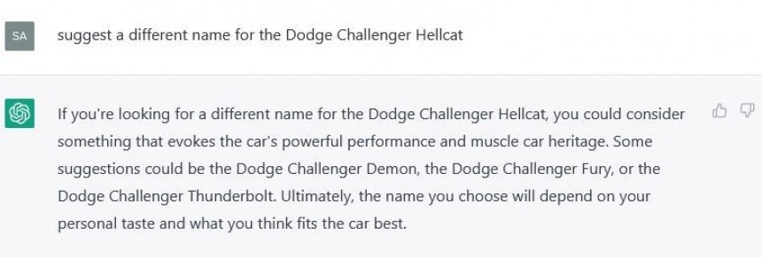 AI response to the Dodge Challenger Hellcat question