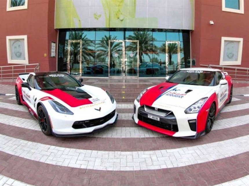 The Nissan GT\-R and Chevrolet C7 Corvette Grand Sport that will be used as ambulances in Dubai