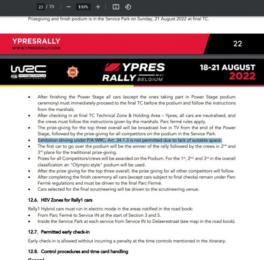 Ypres Rally Belgium 2022 Rules, page 23/73, with mention on Exhibition driving underlined
