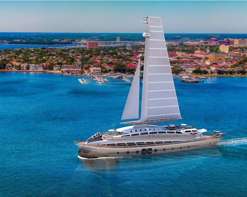 Elegante is a sail\-assisted superyacht explorer with solid sails and tilting mast