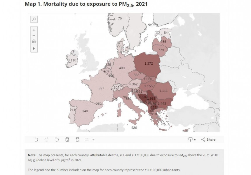 For PM2\.5, the highest absolute numbers of attributable deaths in 2021 occurred in Poland, Italy and Germany
