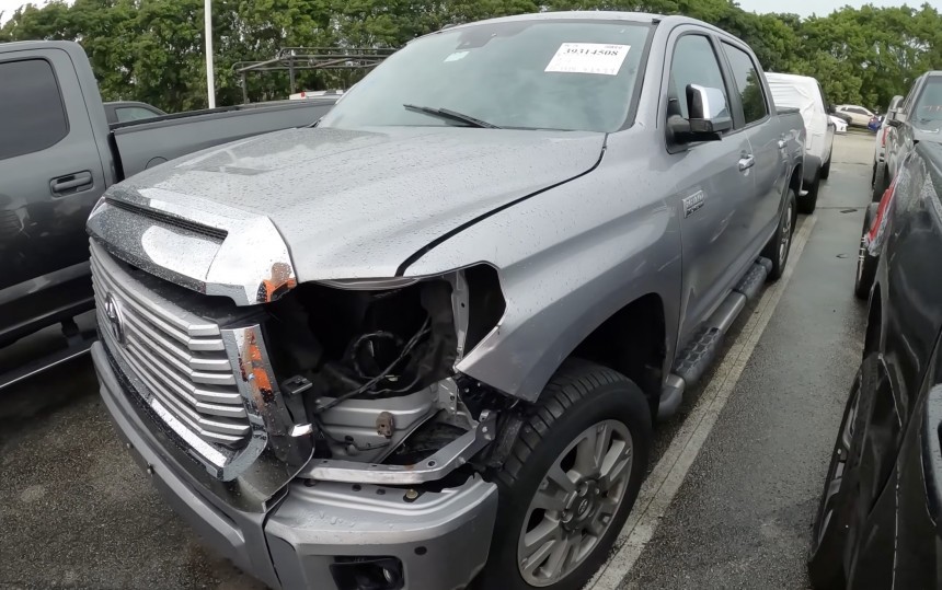 Crashed Toyota Tundra doctored\-up and sold as repairable