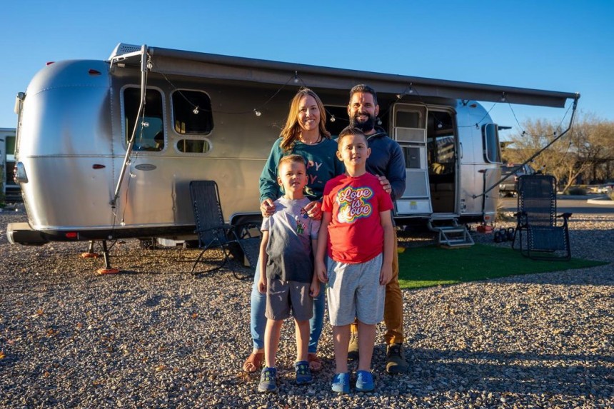 Family of four lives full\-time on the road, in an Airstream \+ RAM rig with off\-grid capabilities