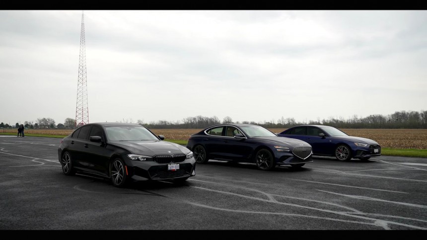 2024 Genesis G70 Races Audi A4 and BMW 330i\: Gap City Follows\. Drag and Roll Race\.