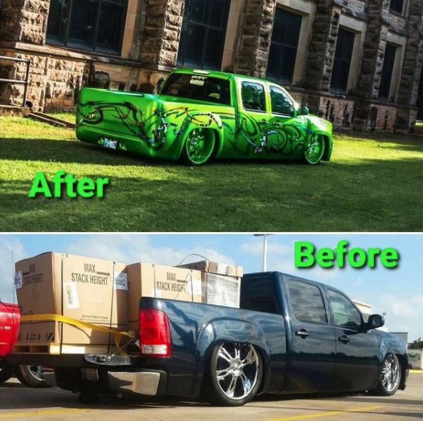 Green Envy started out as a 2008 GMC Sierra in 2016\. It was destroyed in a fire in 2021
