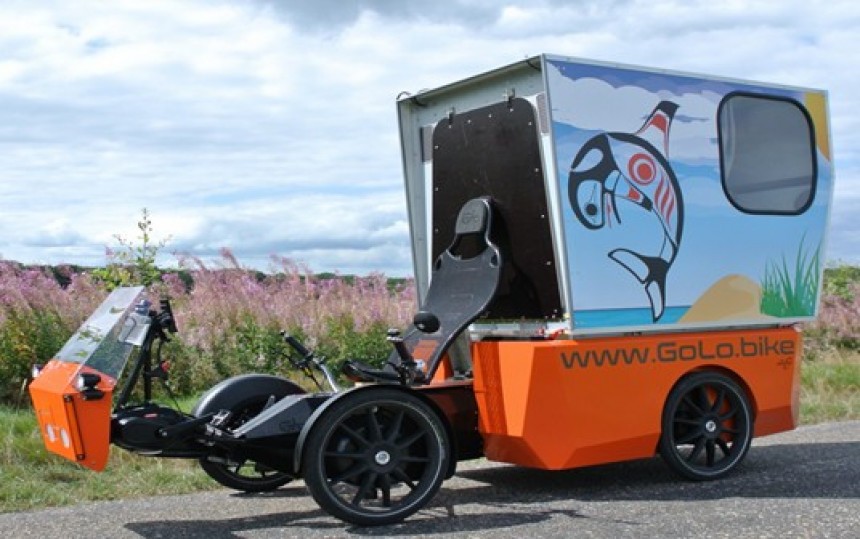 The GoCamp bike camper sits on the GoLo cargo e\-bike and offers almost all creature comforts of home