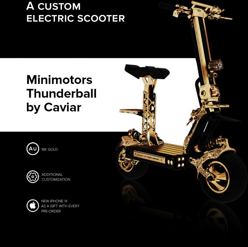 The Caviar Thunderball is a gold take on the Dualtron X2 e\-scooter