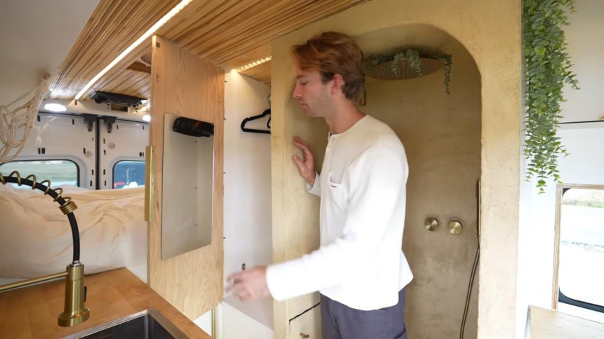 Stealthy Ford Transit Camper Boasts a Beachy, Earthy Interior With a Unique Wood Ceiling