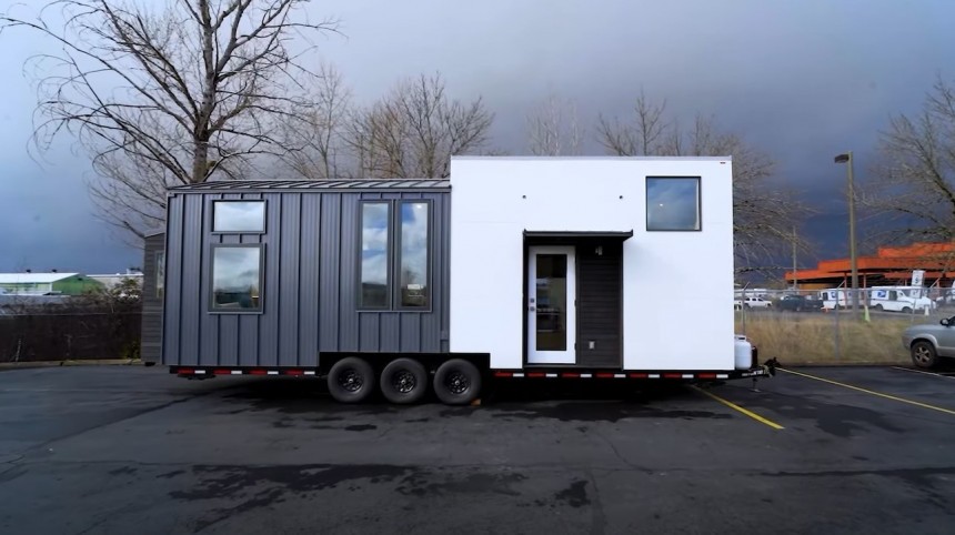 Custom Urban Kootenay tiny shows that you can have a luxury home for four on top of a triple\-axle trailer
