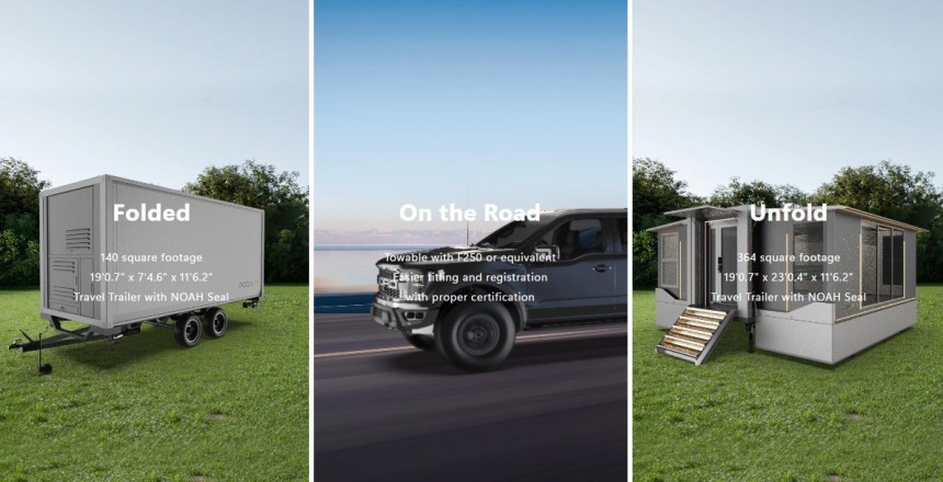 The Grande S1 folding tiny home triples in size in camp mode, while retaining a high degree of mobility
