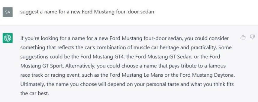 ChatGPT suggests names for an hypothetical four\-door Mustang