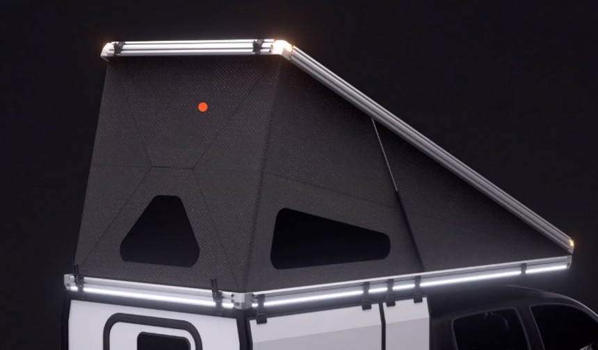 Hardsider pop\-up pickup camper with innovative hard walls that fold