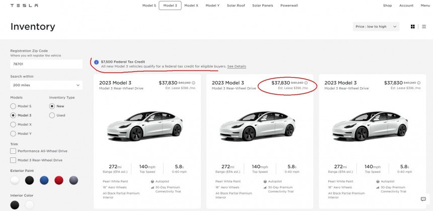 Tesla Model 3 RWD gets a \$7,500 tax credit