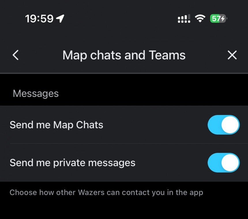 Opciones de chats del mapa de Waze