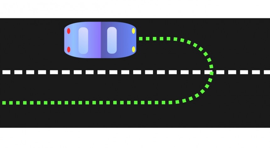 A diagram showing the path of a driver performing a U\-turn on a normal two\-way road\.