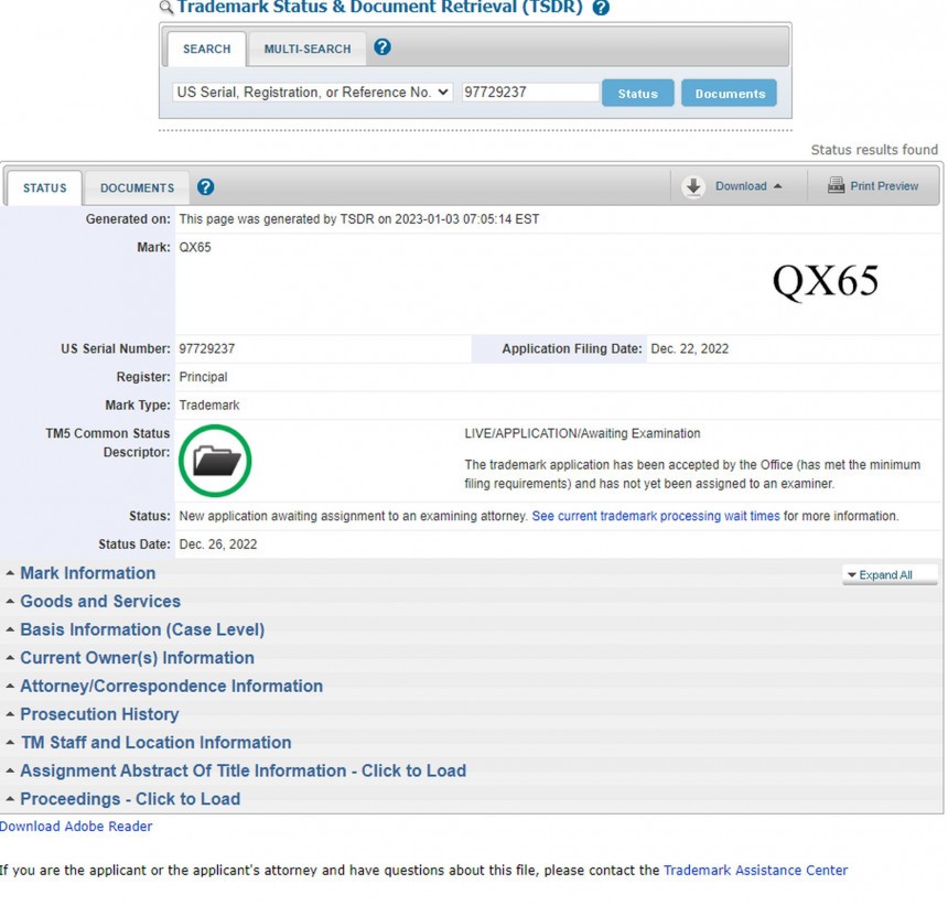 Infiniti QX65 name U\.S\. Patent Office