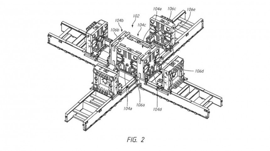 Patent images of a die\-cast press to make the entire underbody of a Tesla car