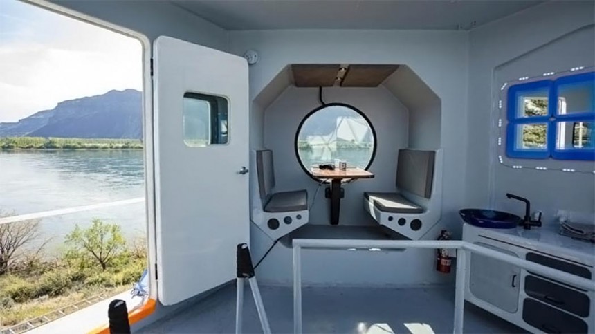 This tiny home on the Columbia River is inspired by the Lunar Lander but built using boat\-building methods