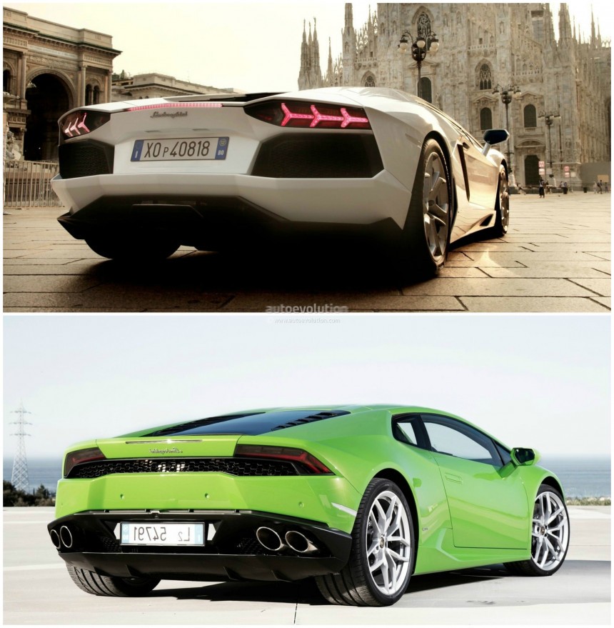 Lamborghini Huracan vs Lamborghini Aventador comparison\: rear three quarters