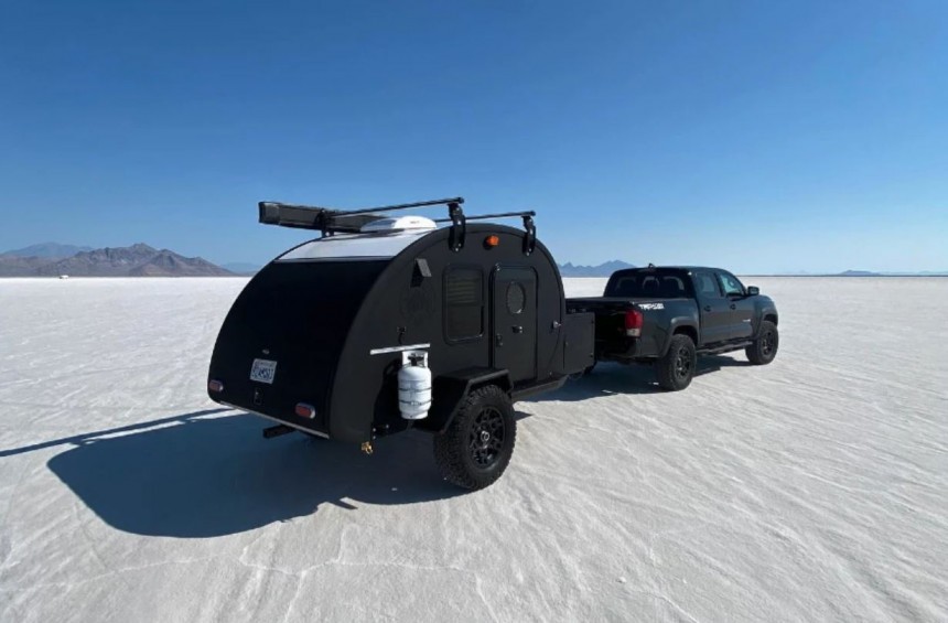 The Black Bean teardrop trailer has more power, a bigger galley and higher ground clearance\. It's also better looking than other Beans\.