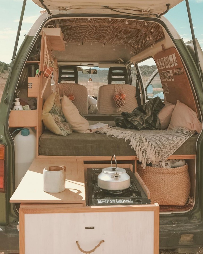 Little Ollive started out as a 2000 Daihatsu Hijet Piaggio Porter delivery van, is now a micro\-tiny home on wheels wandering around Europe