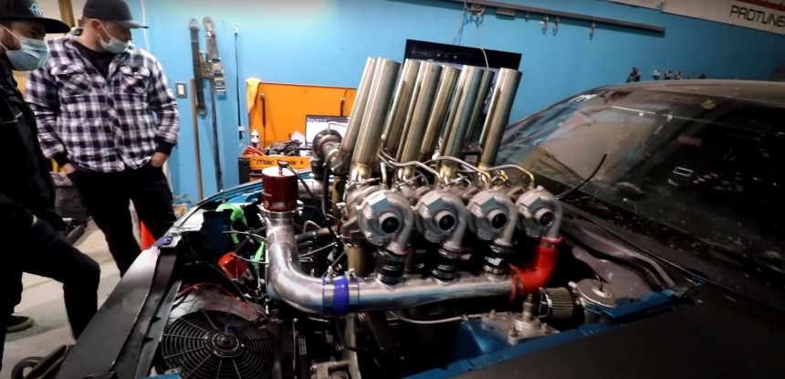 LS\-Swapped Ford Mustang with 8 Turbos Hits the Dyno