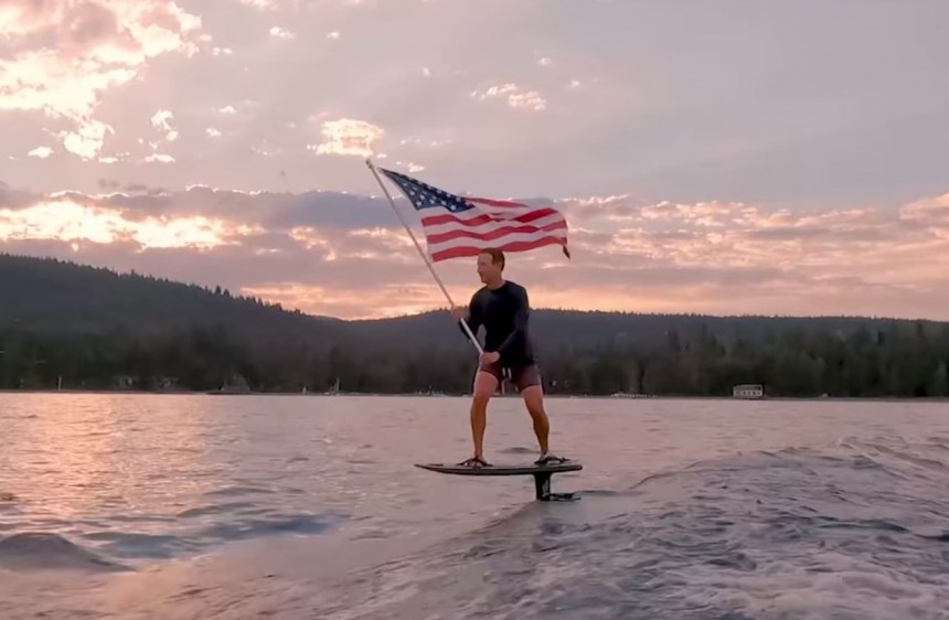 Mark Zuckerberg flies the American flag on the 4th of July while wakesurfing on his e\-board on Lake Tahoe