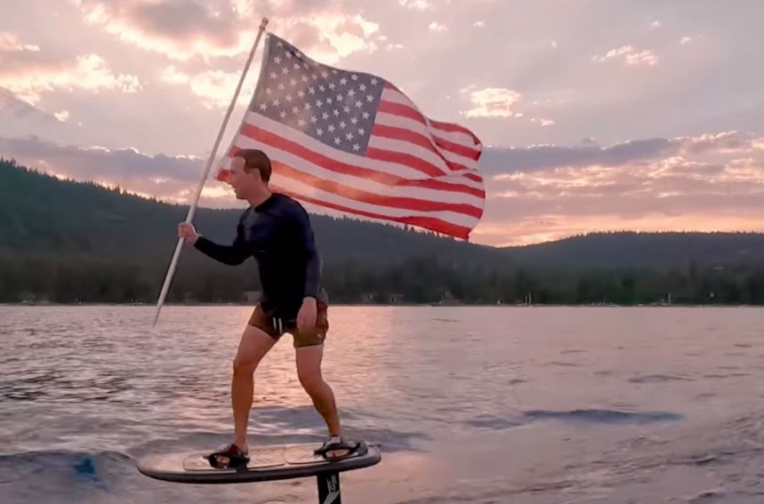 Mark Zuckerberg flies the American flag on the 4th of July while wakesurfing on his e\-board on Lake Tahoe