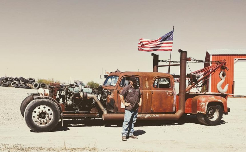 The Ford\-ish tow rig is also a showpiece, the rat rod known as The Big Hooker