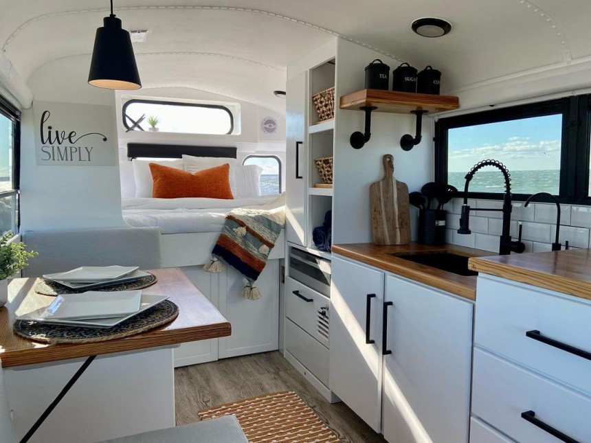Linus is a skoolie conversion styled as an off\-grid\-capable surfer's dream machine