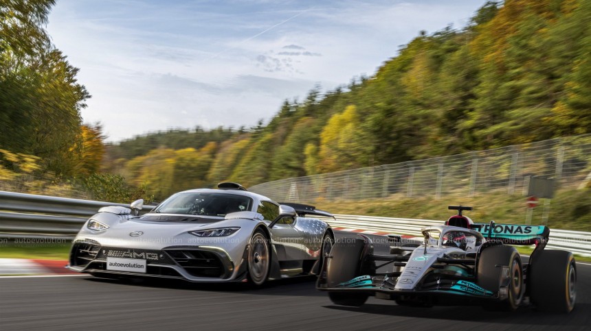 Mercedes\-AMG ONE and Mercedes\-AMG W13 race car rendered together