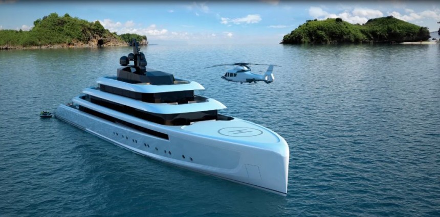 Moonstone concept, a superyacht with an ever\-changing hull due to dimmable, programmable panels