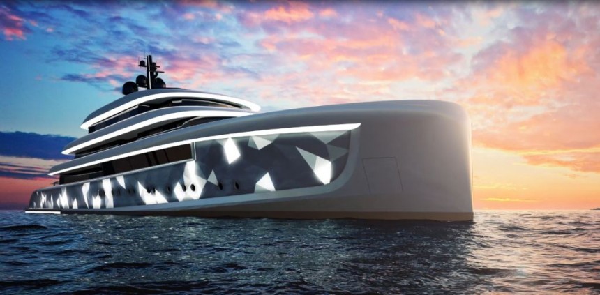 Moonstone concept, a superyacht with an ever\-changing hull due to dimmable, programmable panels