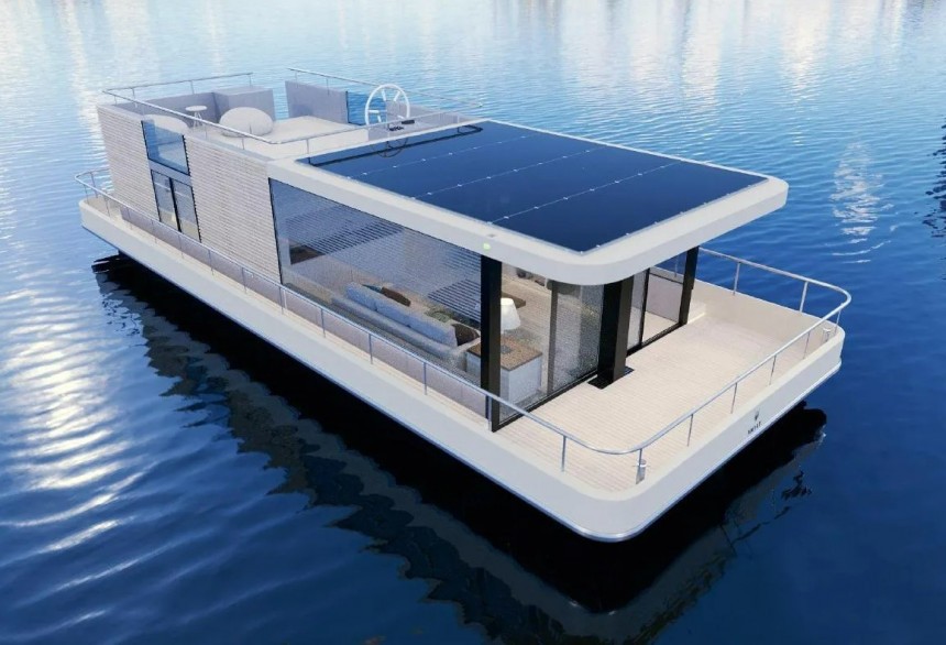 The MX\.4 Houseboat is an all\-electric, super\-fancy houseboat you can call home \(if you're rich\)